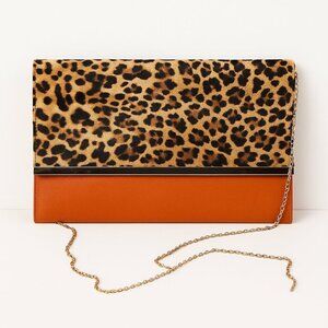 Leopard Print & Orange Colorblock Clutch with Gold Chain Strap – Bold Statement